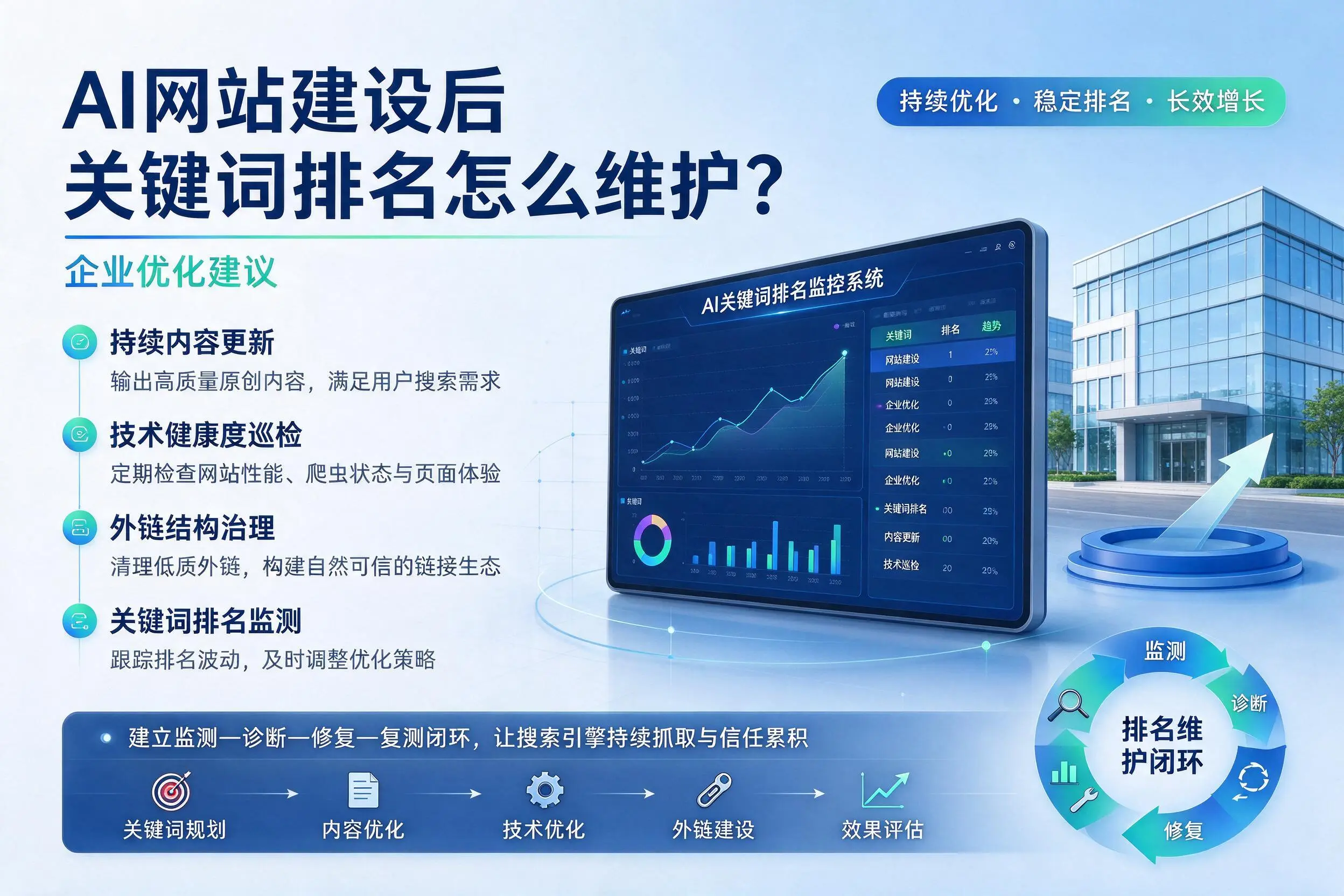 AI网站建设后关键词排名怎么维护?河南企业优化建议